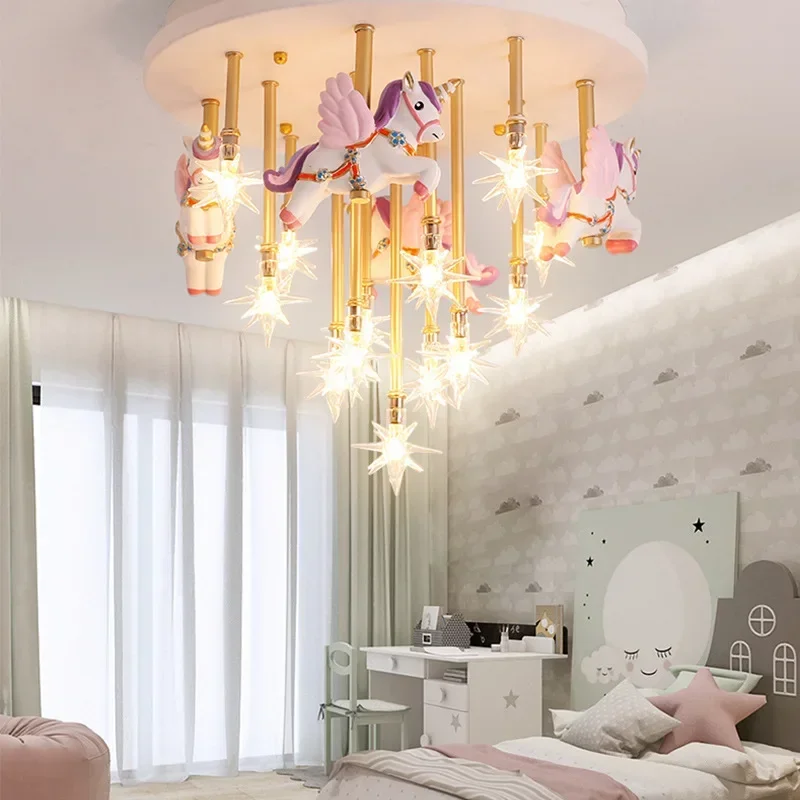 Modern Led Chandeliers Light for Living Dining Room Decor Carousel Led Lighta Fixture Children Cartoon Unicorn Ceiling Lamps