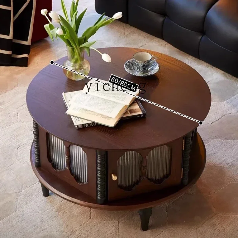 TQH-i7.7 retro solid wood round small apartment living room household medieval small tea table Changhong glass round table