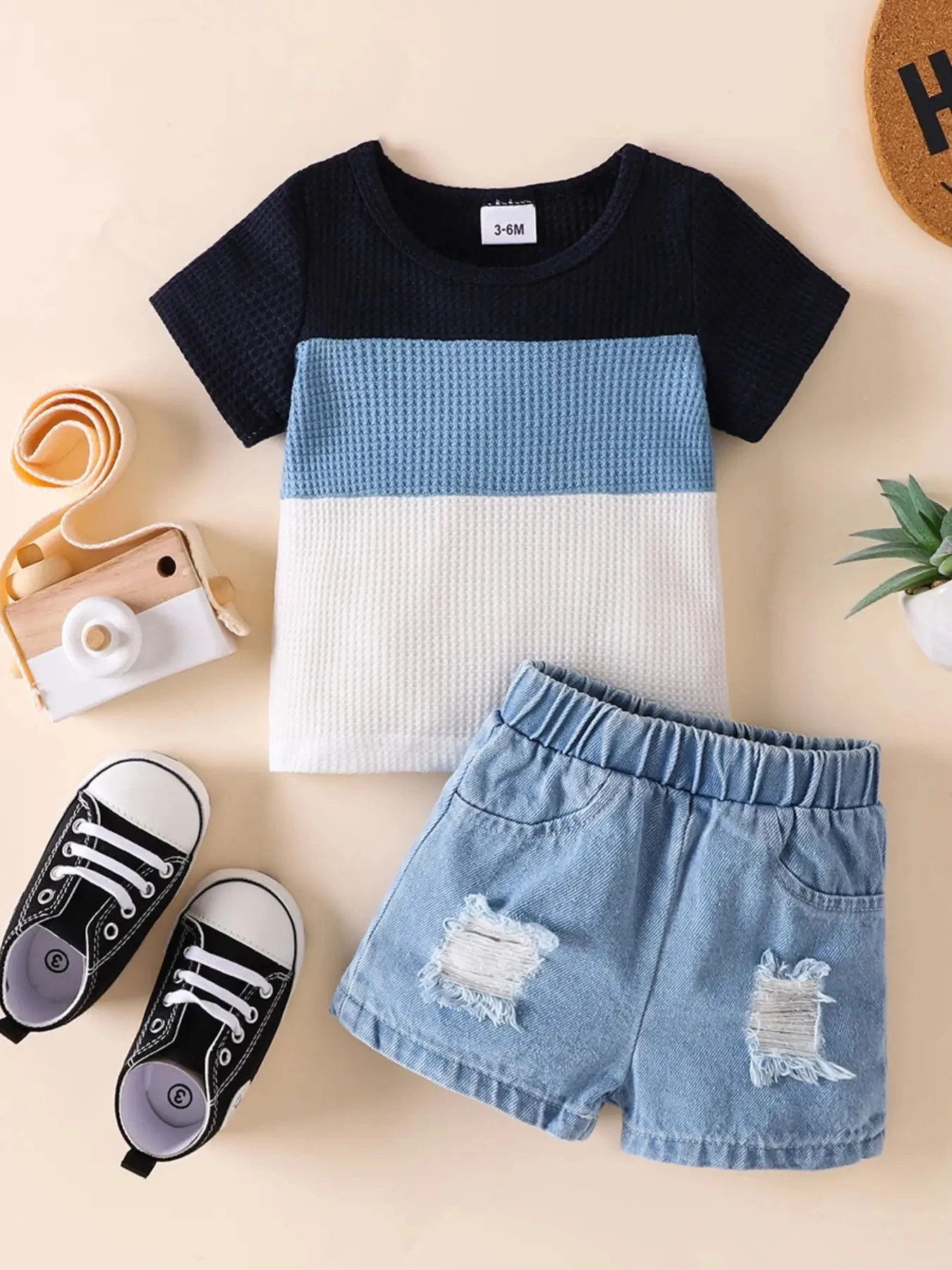 2024 New Summer Infant/Toddler Set Short sleeved Waffle Color Block+Casual Jeans Set