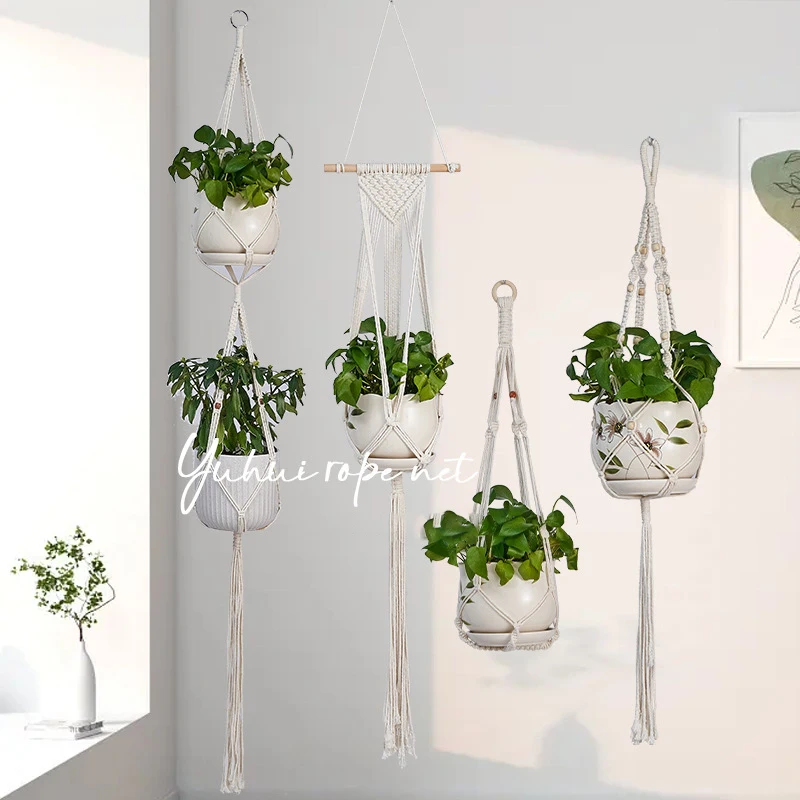 Gardening Plant Hanging Baskets Flower Pot Handmade Macrame Knotted Rope Flower Pot Bohemian Style for Home Balcony Decoration