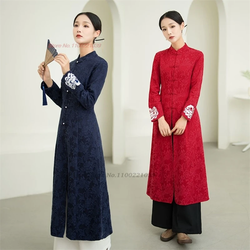 2024 chinese vintage coat cotton linen jacquard hanfu tops national flower embroidery folk jacket oriental meditation cardigan