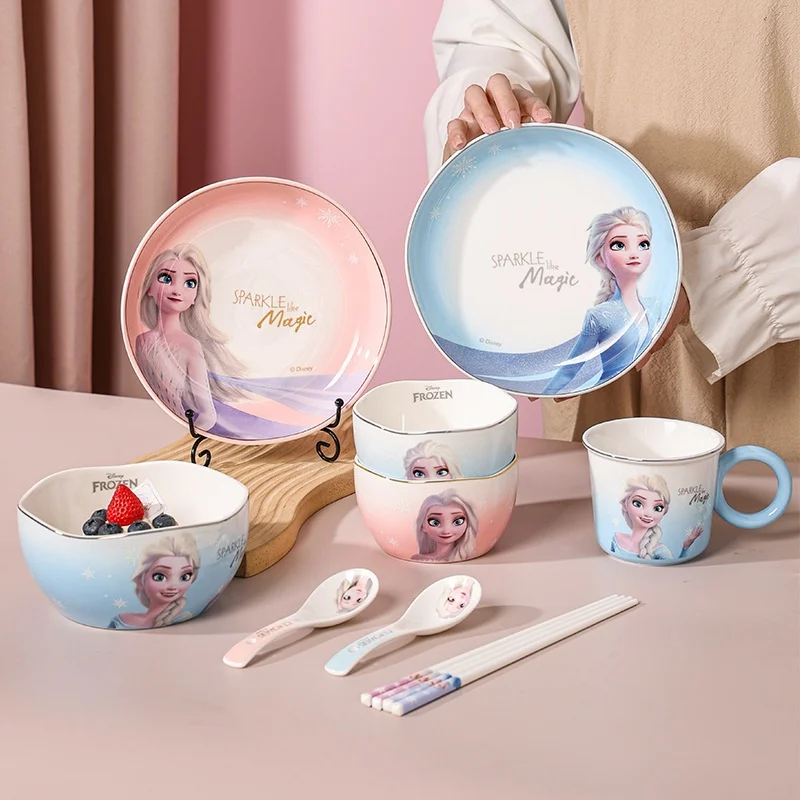 Disney Anime Elsa Cute Girl Heart Ceramic Tableware Sweet And Beautiful Large Diameter Gradient Neutral Home Cuisine Souvenir