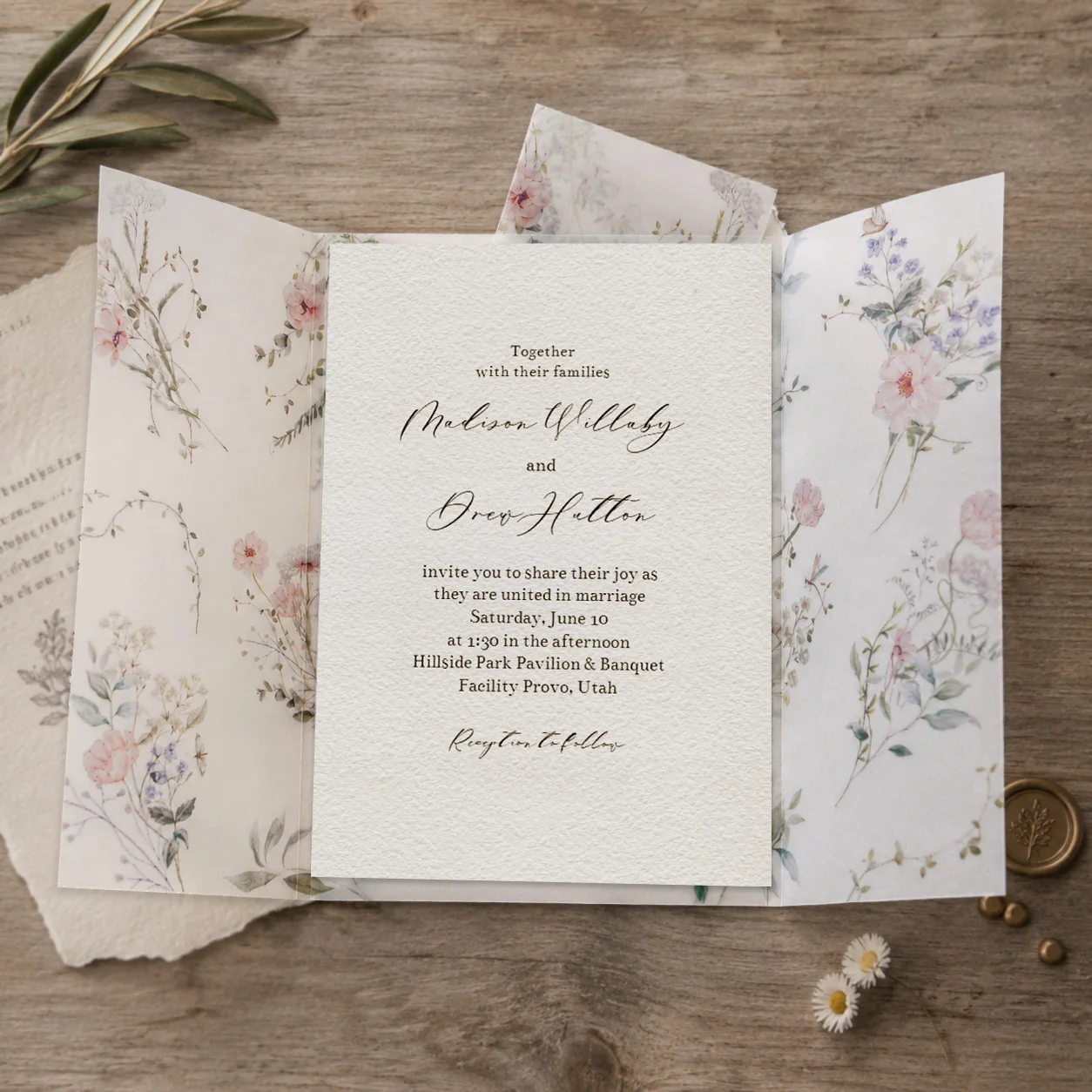20/50pcs Vellum Wrap with Watercolor Wildflowers,DIY Vellum Fold Envelope,Modern Floral Vellum Jacket,for Wedding Invitations - view 4