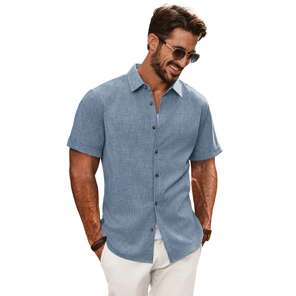 1x PJ Men Fashion Curved Hem Shirt Casual Short Sleeve Lapel Collar Button Up Tops T-Shirt Comfortable