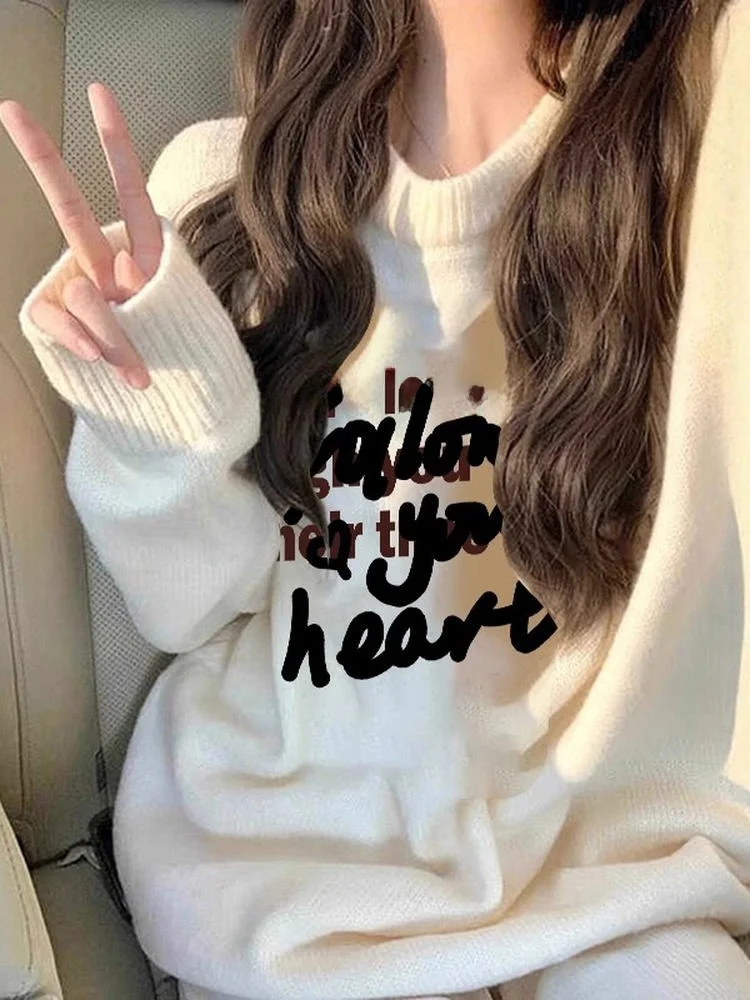 

Extra Large 300 Pou Women's Knitted Sweater Letter Print Soft Cozy Overhead Sle Korean Loose Fit Autumn Winter Leisurewear