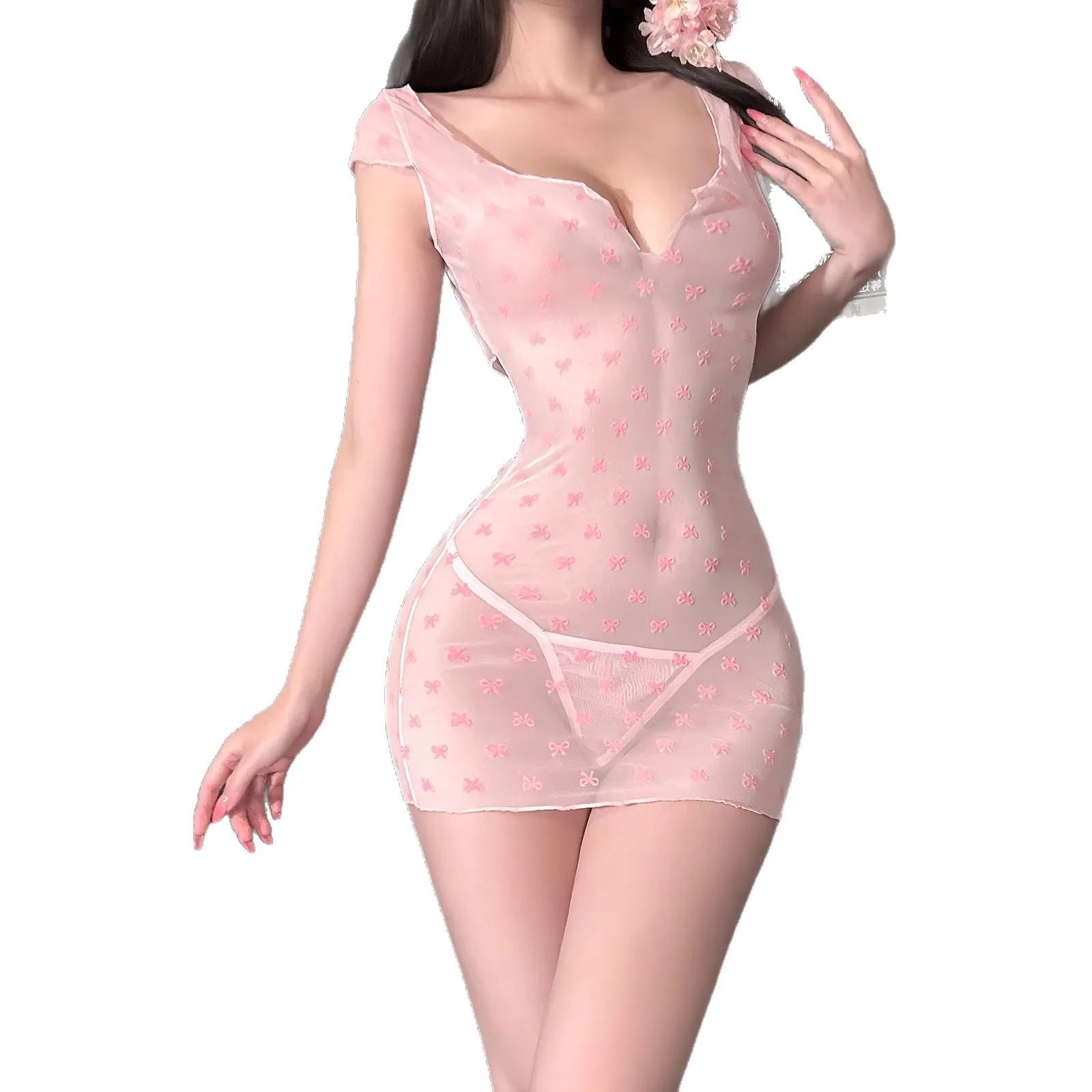 

Sexy Lingerie Deep V See Through Sheer Mesh Hollow Out Bow Tie Bodycon Dress Nightgown Babydoll Erotic Costume Lace Underwear Se