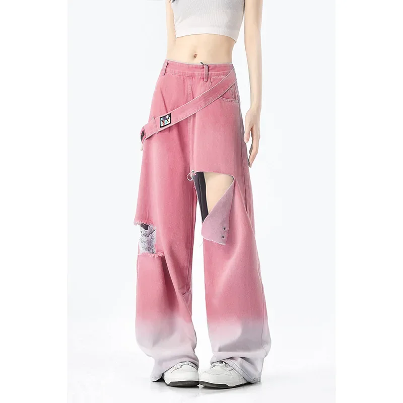 

Pink Hole Gradual Change Jeans Women's Winter Niche Wide Leg Small Thick Pants