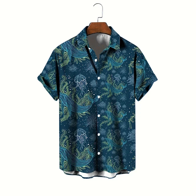 Men Summer Lapel Short Sleeve Hawaiian Shirt Casual Beach Top, Dark Teal Hand Drawn Whale Jellyfish Seaweed Ocean Print
