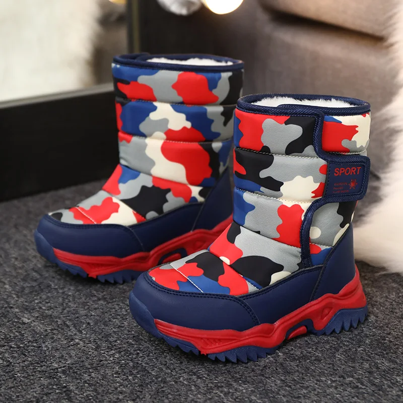 Fashion Green Camouflage Print Children Snow Boots Waterproof Winter With Fur Outdoor Shoes Kids Hiking Boots Trekking Sneakers
