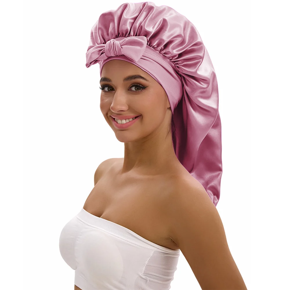 Extra Long Satin Sleep Bonnet with Bow - Large Size Hair Protection Cap for Women, Elastic Night Hat