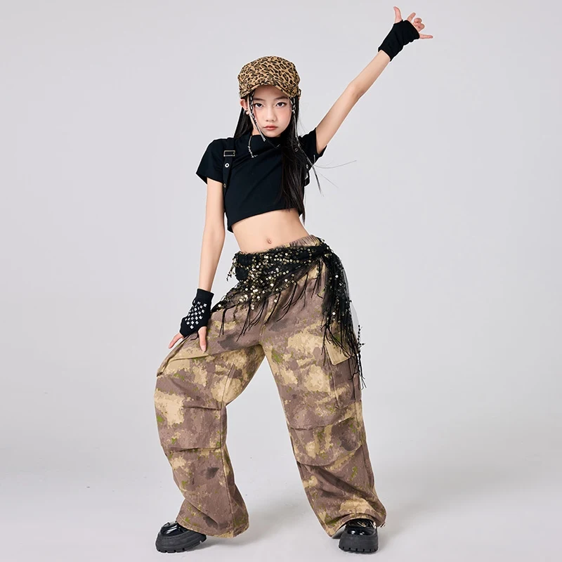 Jazz Dance Clothing Children Black Tops Camouflage Cargo Pants Cool Girl Fashion Clothes Street Dance Costume Kpop Clothes 1720