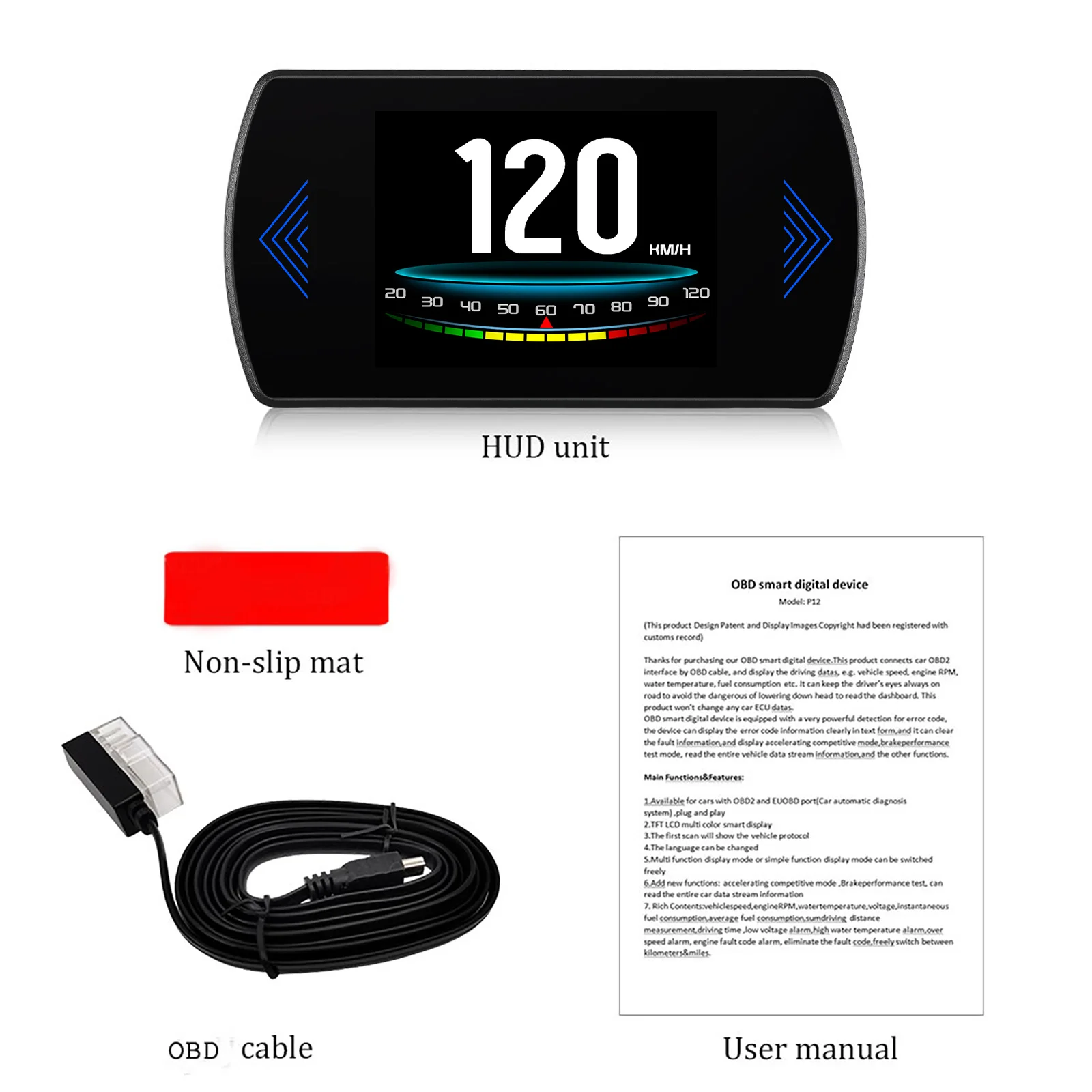 P12S Car Head Up Display For HUD OBD Digital Speed Meter On-Board Computer With Overspeed Alarm Water Temp Meter Voltage RPM