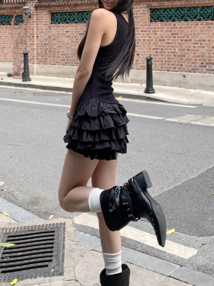Mini abiti sexy senza maniche con scollo a U Moda donna Estate Nuovo bianco solido Y2K Ruffle torta pieghettata aderente Abiti da festa casual