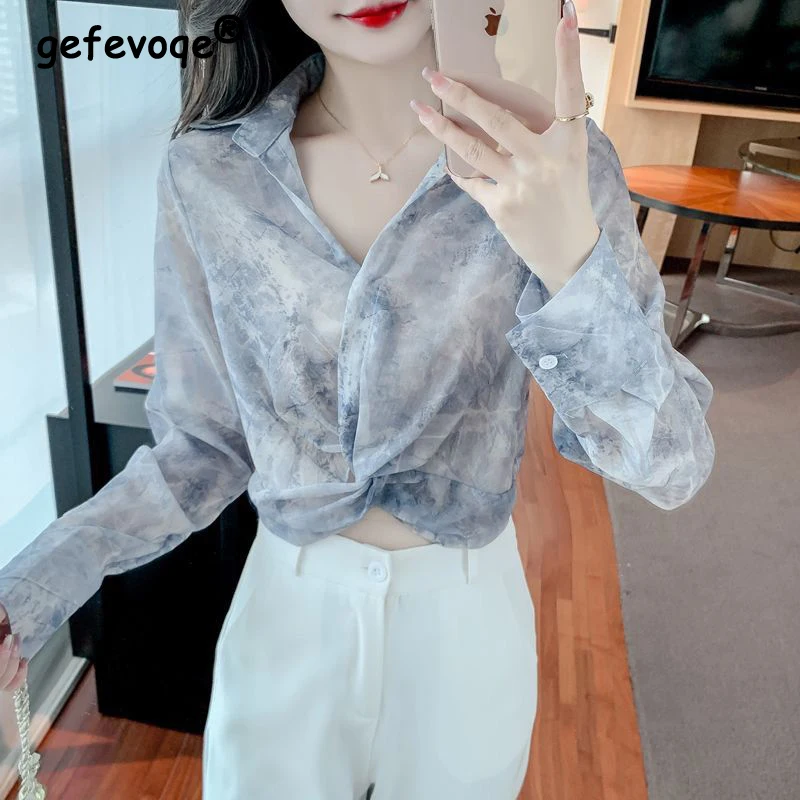 Women's Clothing Tie Dye Print Twisted Chic Blouses Spring Summer Trendy Long Sleeve Shirts Y2K Crop Tops Blusa Mujer Moda 2023