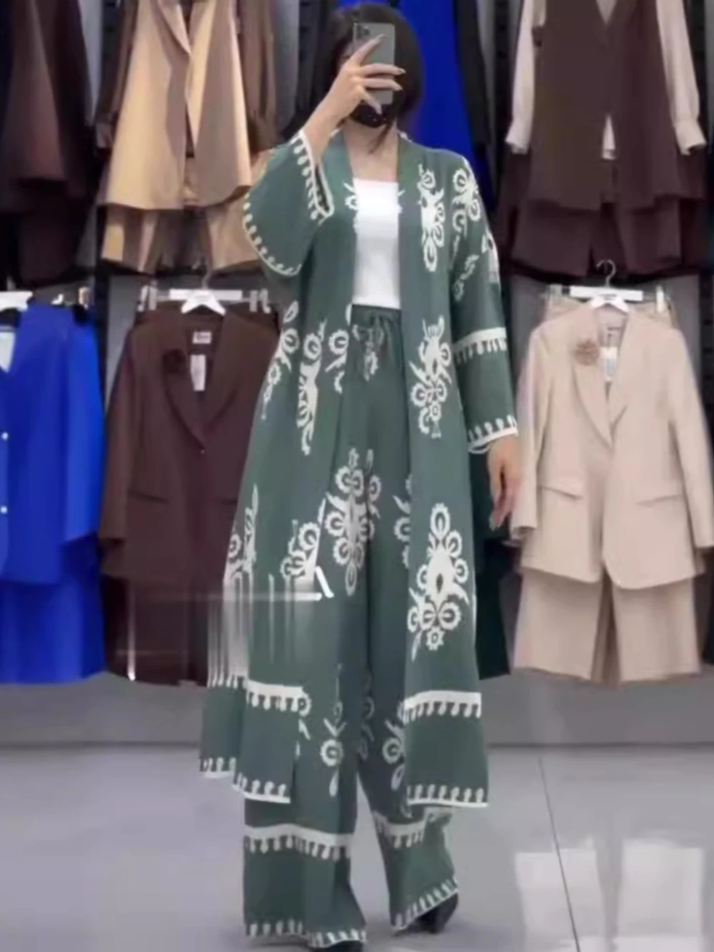 Conjunto de 2 piezas de color verde pavo real para mujer, vestido de noche con estampado bonito y cuello en V para verano, caftán clásico de manga larga