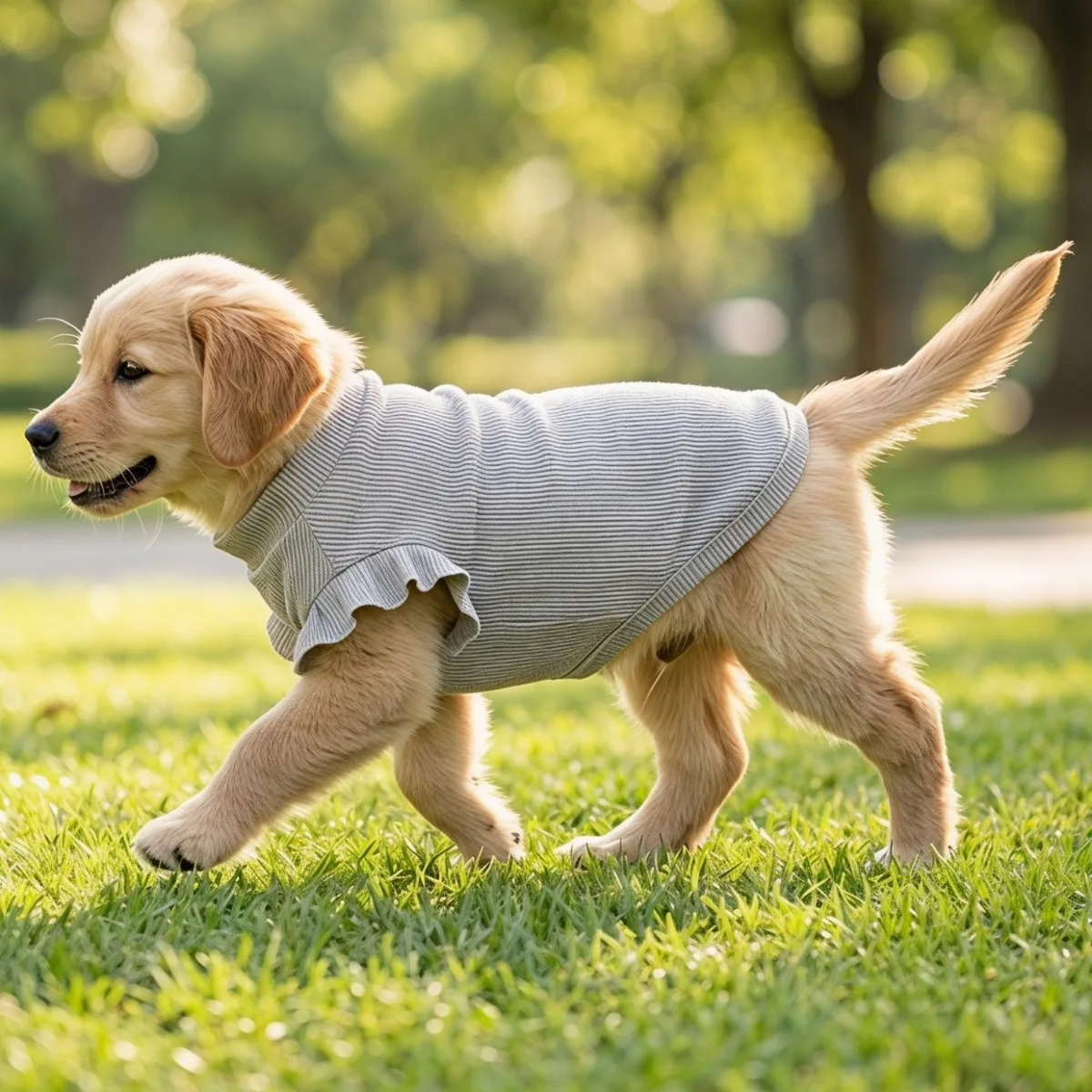 Grau Gestreiftes Hunde-T-Shirt mit Rüschenärmeln - Weiche Lässige Haustierkleidung für Welpen Mittlerer und Kleiner Rassen