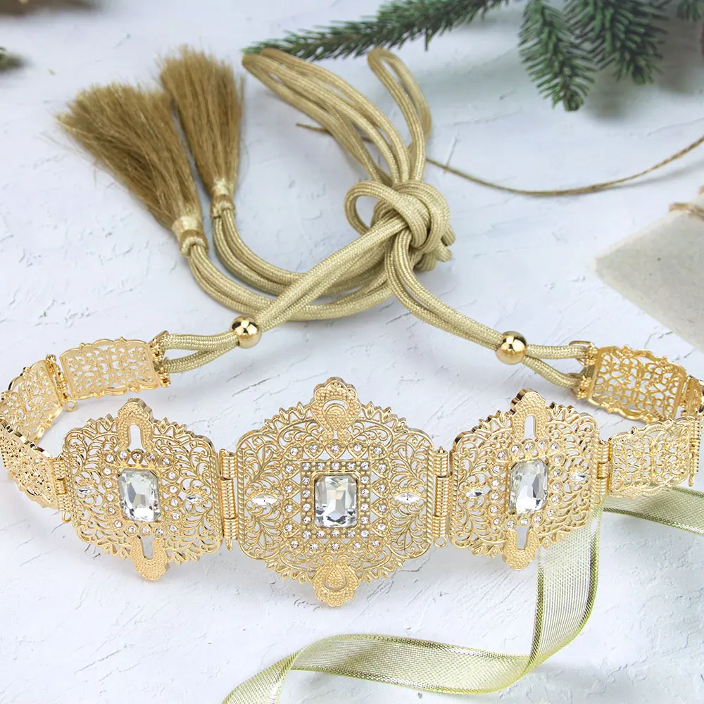 Sunspicems Chic Alloy Belt For Moroccan Bride Tassel Straps Rope Waist Chain Arabic Lady\'s Caftan Dress Body Chains Gold Color