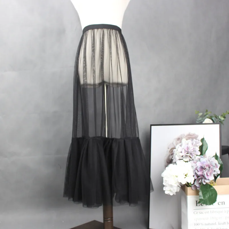 

Korean Style See Through Mesh Trumpet Hem Skirt Women Spring Summer Elastic High Waist Petticoat Underskirt Cover Up Tulle Skirt