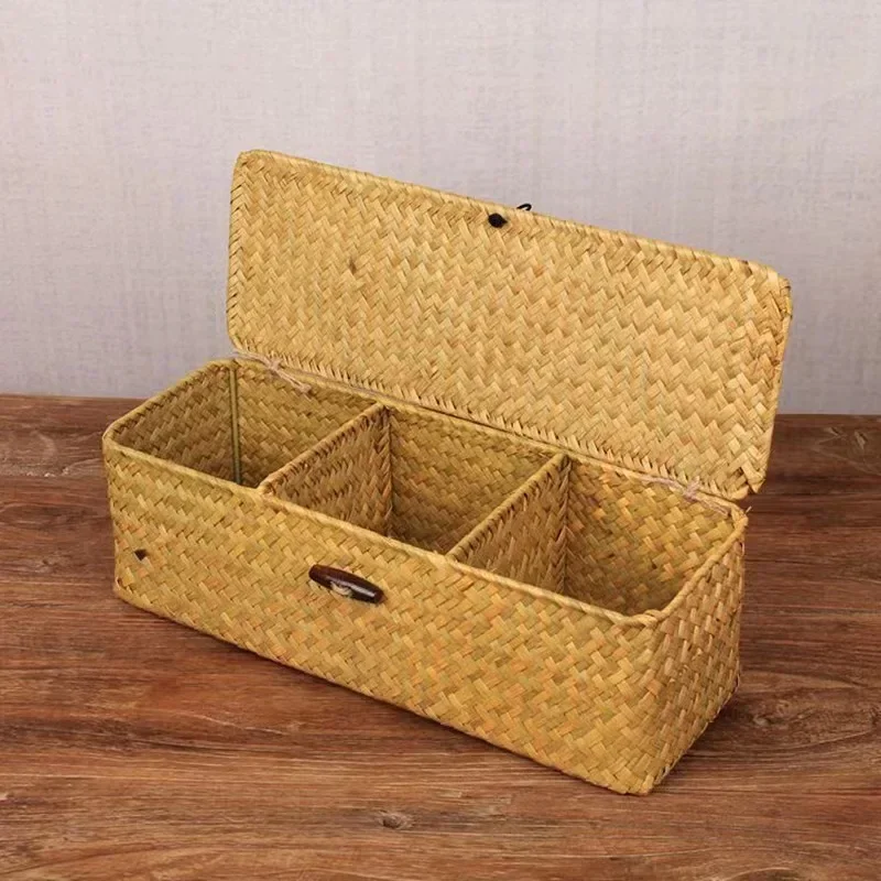 Hand Woven Storage Baskets with Lid Dust Clothing Basket Storage Box Rectangular Wardrobe Container Sundries Organizer 3 grids