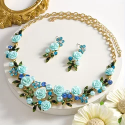 Vedawas 3pcs/set Bohemian rose necklace earrings accessories setïžRhinestones imitation pearl wedding party lady accessories