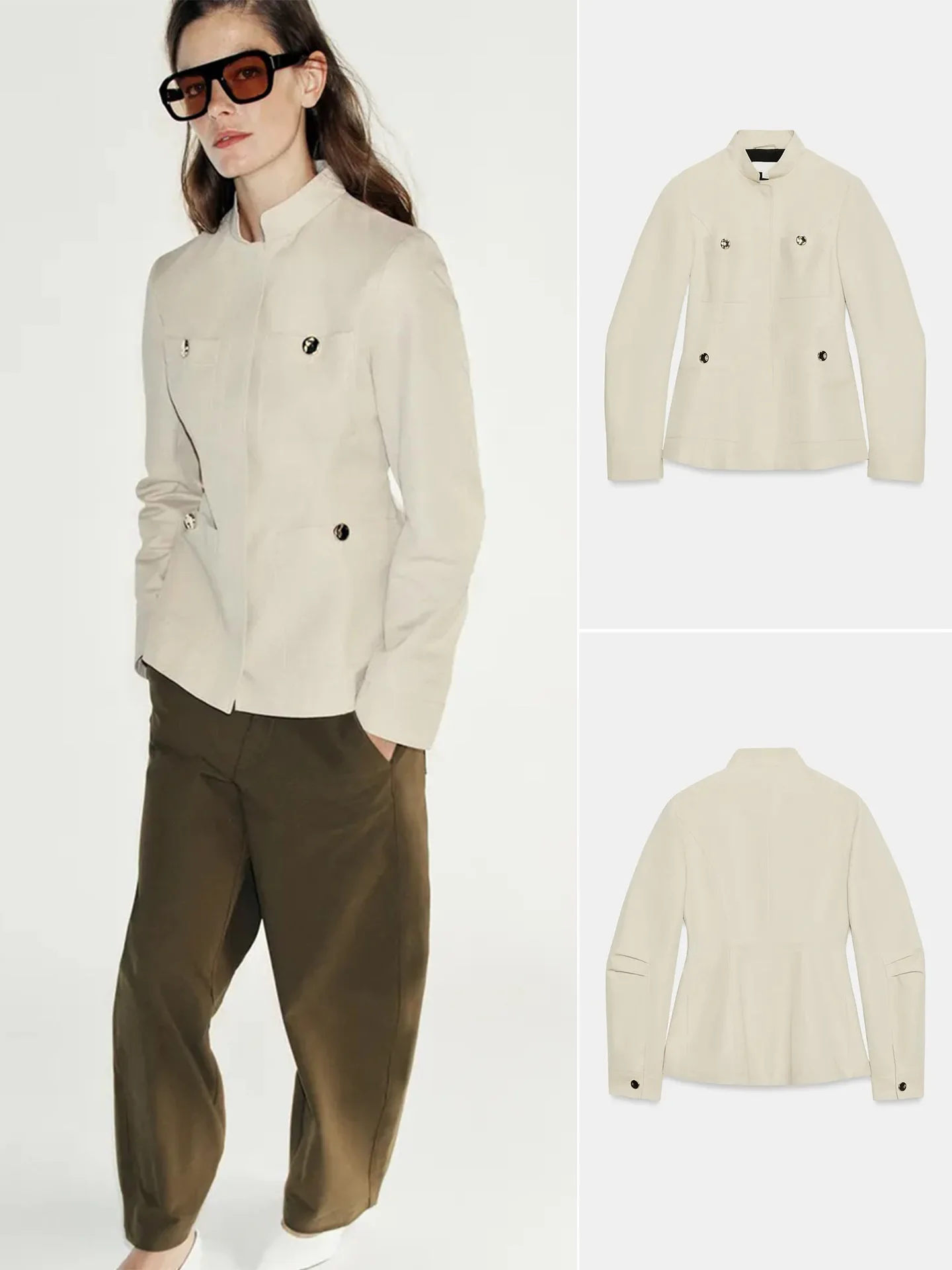 Fall New Women's Slim Fit Long Sleeve Stand Collar Pocket Decorated Button Jacket Outerwear Stylish French Style Polyester Fiber