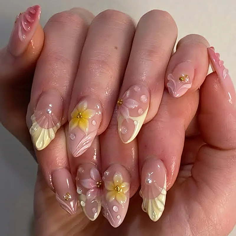 

24PCS Yellow French False Nails Summer Pink 3D Flowers Shell with Pearl Fake Nails Almond Press on Nails Wearable Fresh Manicure