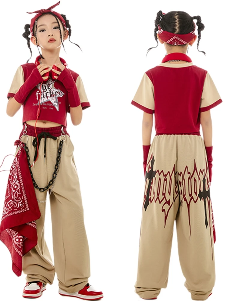 2024 Hip Hop Dance Costumes For Kids Red Crop Tops Loose Pants Suit Girls Jazz Modern Dance Performance Street Dancewear DN17787