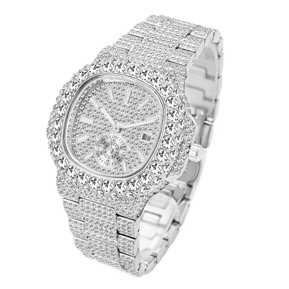 Hip hop marca missfox moda iced out relógios masculino luxo cheio de diamante 18k ouro automático data relógio aço à prova dwaterproof água masculino