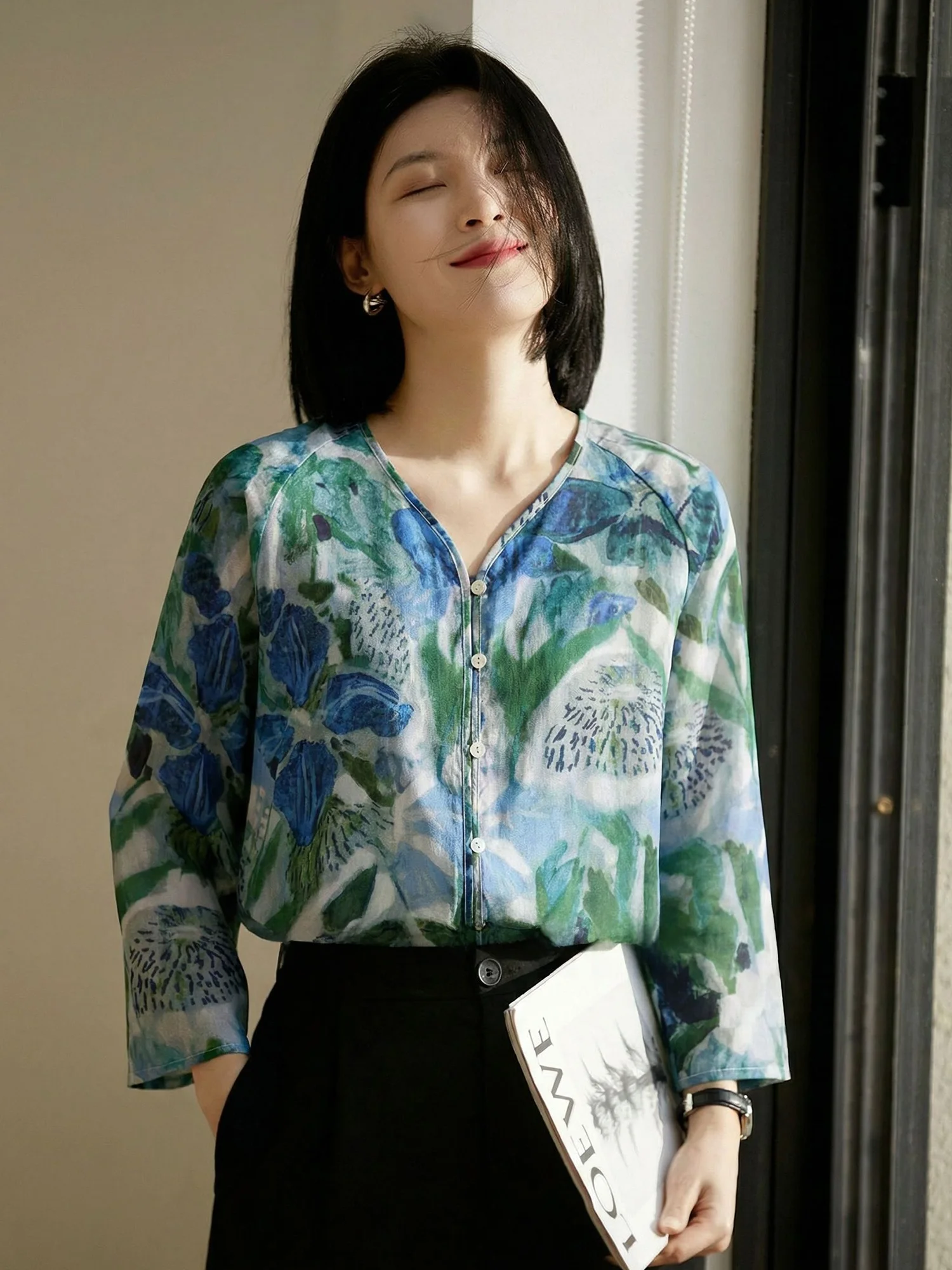 

Ele Long Sve Silk irt Vintage Floral Print Loose Fit Women's Spring Faion Casual irt V-Ne Chinese Brand