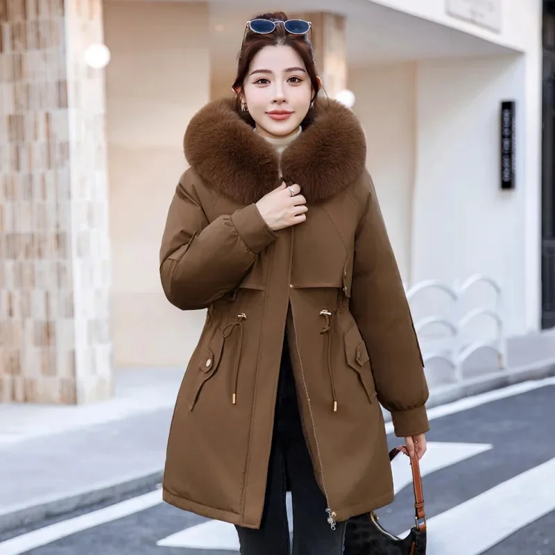 

Women Parka Fashion Long Coat Wool Liner Hooded Parkas 2024 New Winter Jacket Slim with Fur Collar Warm Snow Wear Padded Clothes