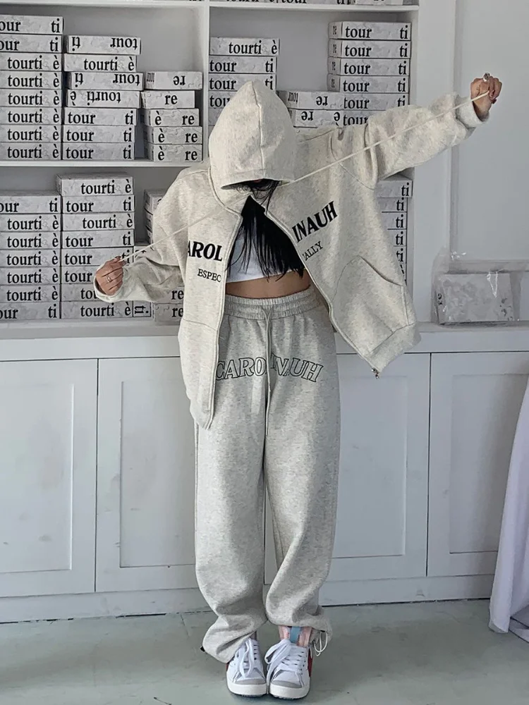 HOUZHOU Hip Hop Gray Pants Women Two Piece Sets Korean Sweatshirts Harajuku Kpop Suit Outfit Oversize Jogging Sweatpants Hoodies