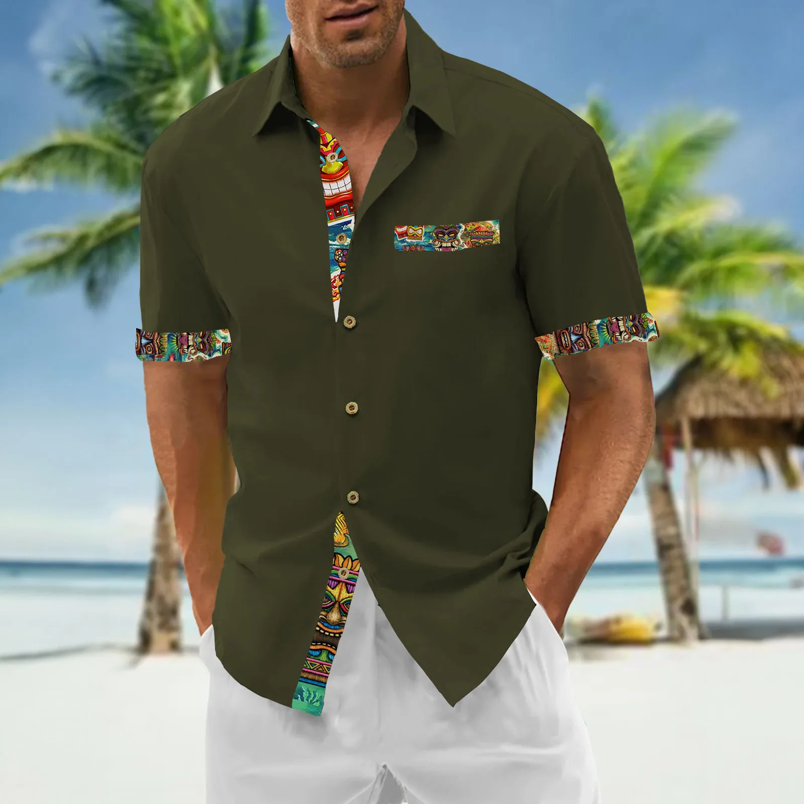 Tiki Hawaiian Shirts For Men 2024 New Men\'s Shirt 3d Printed Short Sleeved Shirt Simple Casual Tops Loose Oversized Men Clothing