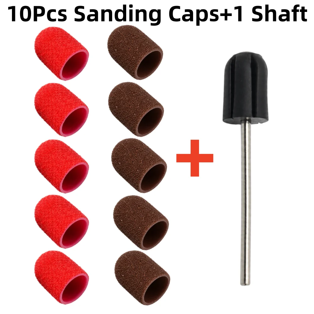 10pcs 10mm Red Brown Sanding Caps with Mandrel, Coarse Nail Drill Bits Abrasive Bands for Electric Nail File Manicure Pedicure