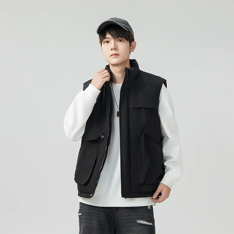 Gilet à col montant de couleur unie, grande poche, vêtements de travail, gilet en coton épais, nouveau manteau confortable à la mode, automne hiver