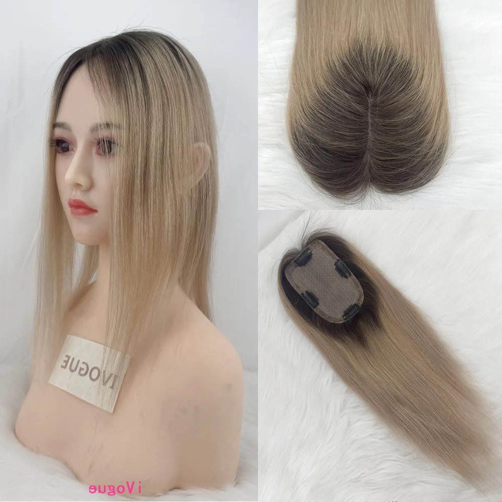 Tupé de cabello humano Rubio mantequilla ombré para mujer, 9x14cm, 16 pulgadas, PU alrededor de Mini Topper con Clips en piezas de cabello personalizadas de dos tonos