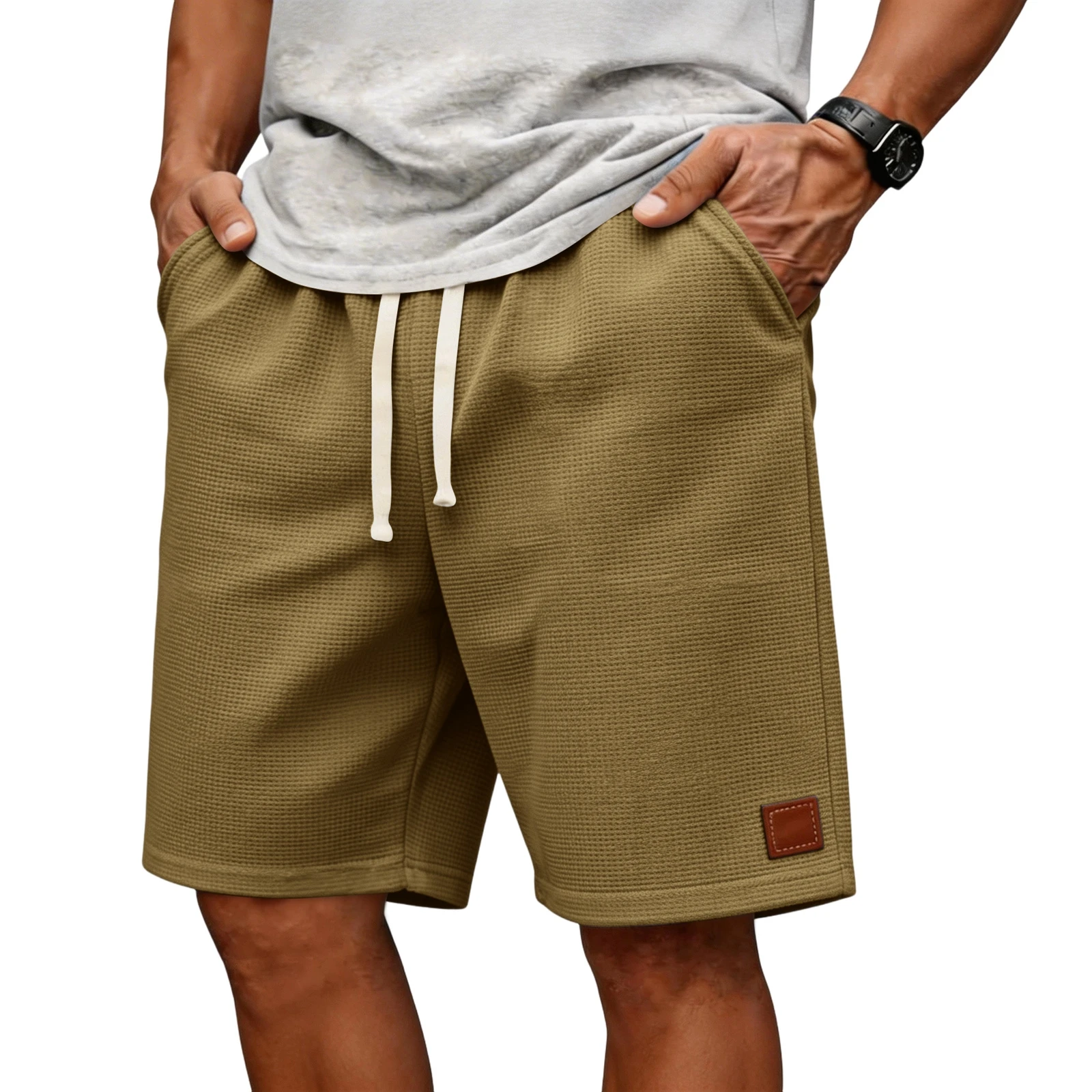 

Мужские повседневные шорты из вафельной ткани с эластичным поясом на шнурке, свободного кроя, пляжные шорты-бермуды с карманами, мужская нижняя одежда