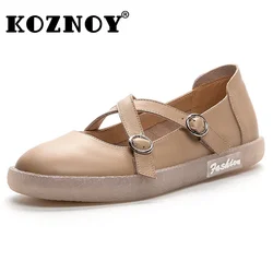 Koznoy 2.5cm Genuine Leather Designer Women Platform Wedge Summer Flats Buckle Loafer Fashion Sandals Round Toe Oxfords Shoes