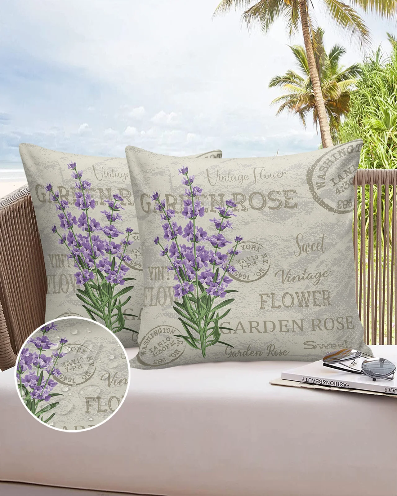 2/4PCS Outdoor Waterproof Pillowcase Purple Flowers Lavender Vintage Postcard Sofa Cushions Case Decorative Pillows Cover