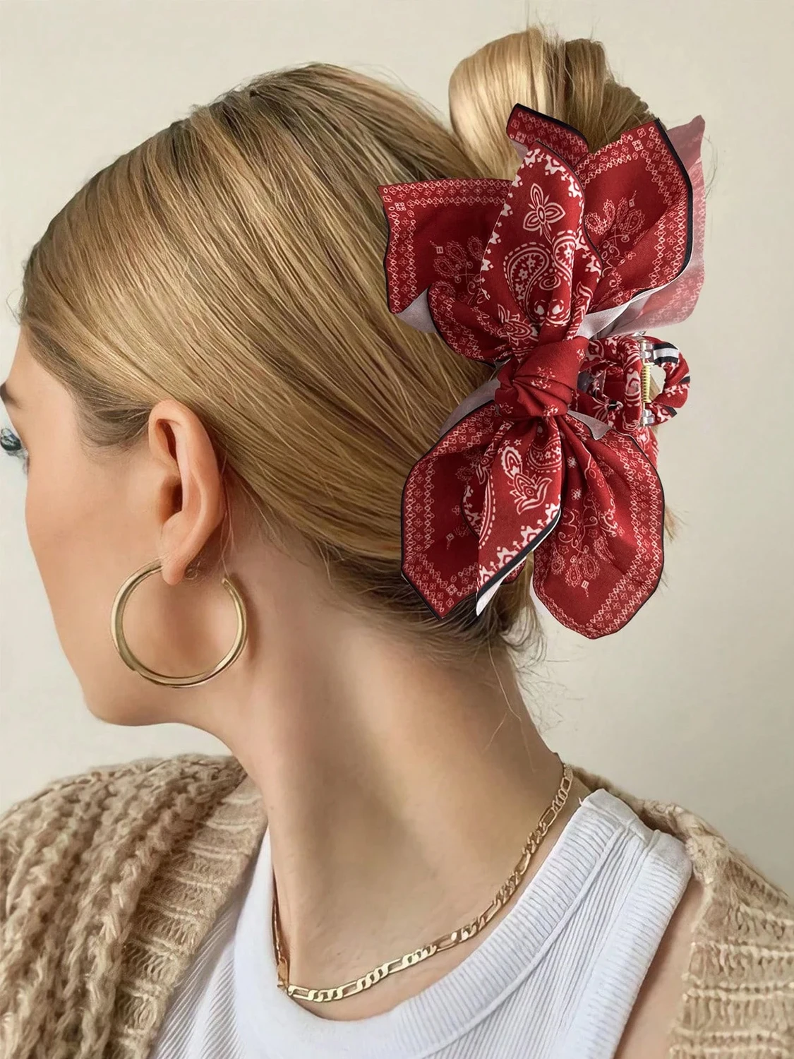 1 Stück Bohemische Vielseitige Einzigartige Haarspange, Rote Cashew-Blumen-Schleife, Süße Haifischspange, Resort-Pferdeschwanz-Clip, Modische Kopfbedeckung – Detail 1