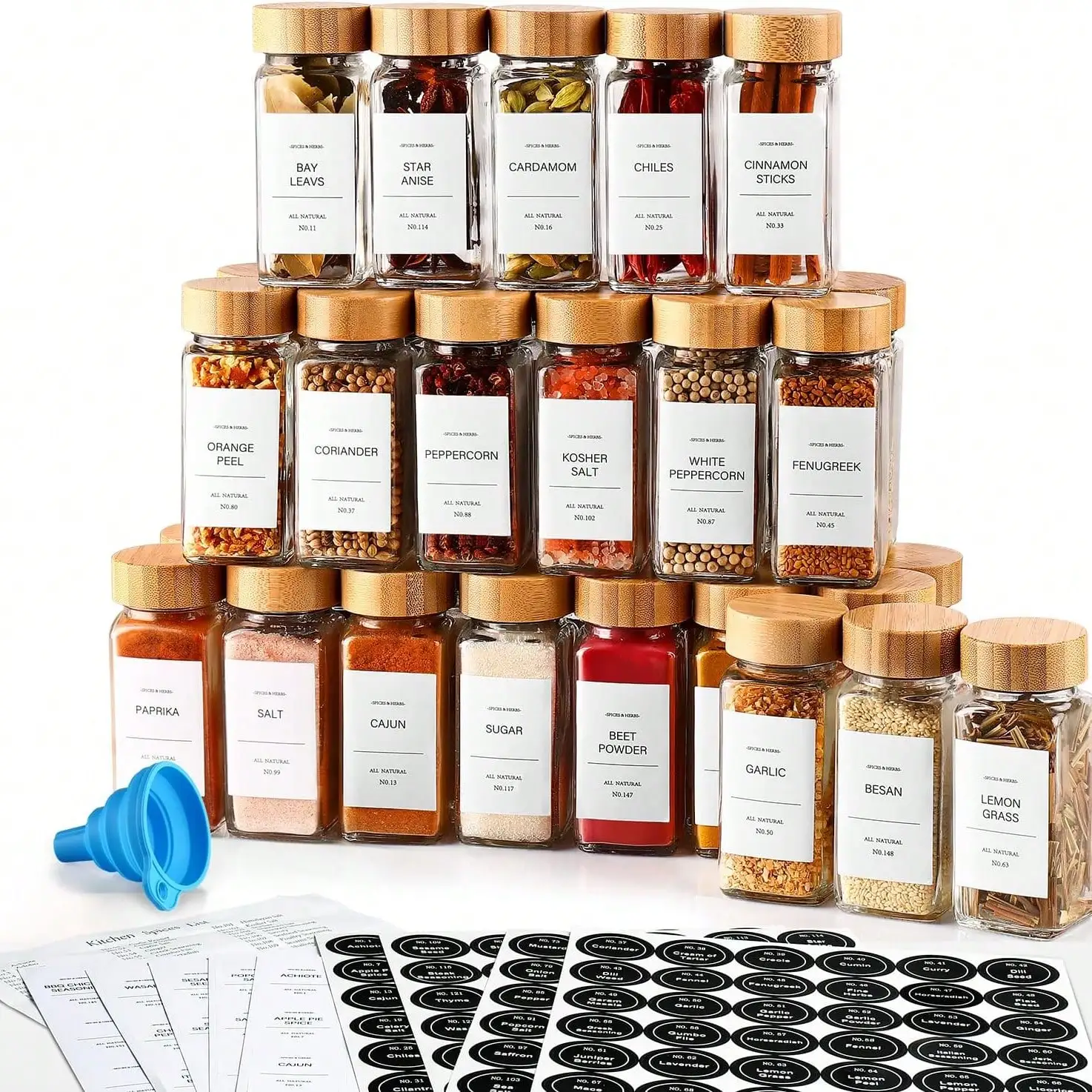 برطمانات توابل فارغة مع عبوة ملصقات (12 جرة زجاجية بغطاء من الخيزران). زجاجات تخزين التوابل الصغيرة سعة 6 أونصة.