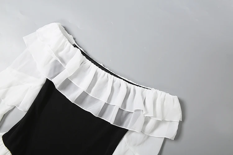 Weird Puss Elegantes, gestuftes Kleid für Damen, Herbstmode, Mesh-Patchwork, ausgeschnittener Ausschnitt, Glockenärmel, unregelmäßiger Saum, Party, sexy, figurbetont – Detail 6