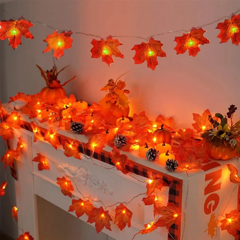 Autumn Maple Leaf LED String Lights Hanging Rattan Light String Fall Leaf Garland For Wedding Thanksgiving Halloween DIY Decor