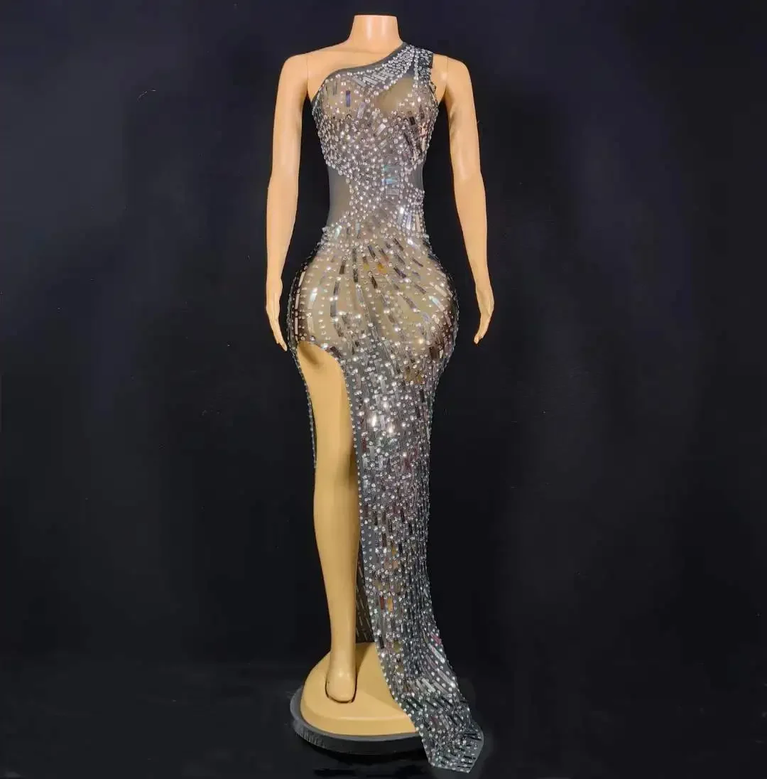 

Women Luxury Sequins Rhinestone Sleeveless Mesh Sheer Long Dress Drag Queen Club Night Birthday Party Singer Costumes 2025
