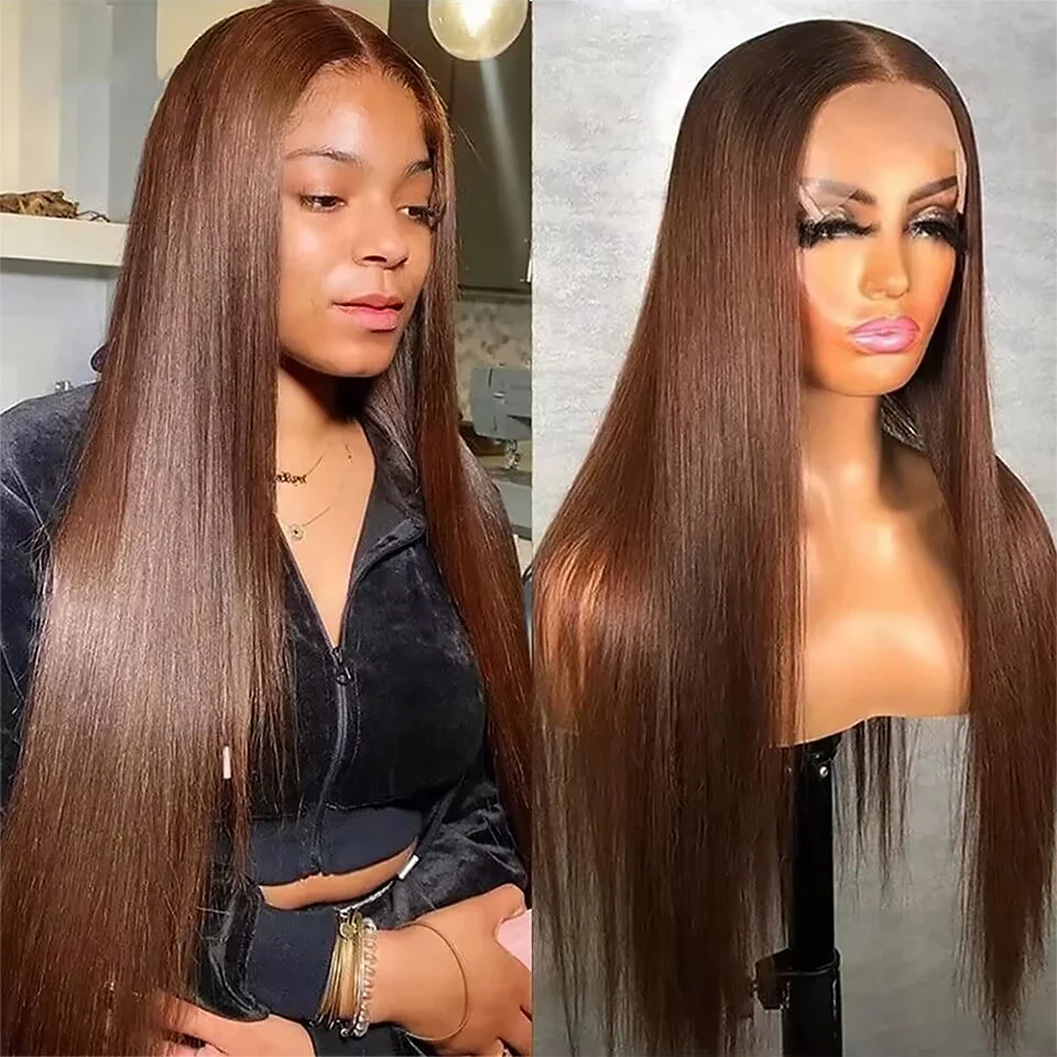 

Chocolate Brown Straight 13x4 Frontal Dark Brown 13x6 Lace Front Wigs 100% Human Hair Transparent HD Lace Frontal Pre Plucked