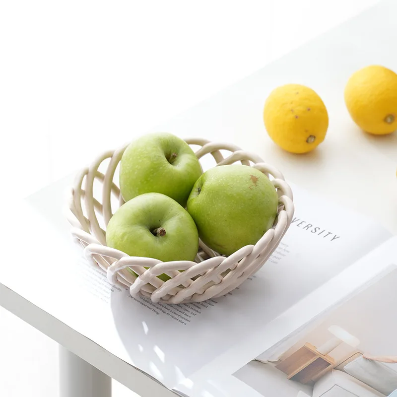 سلة فواكه منسوجة يدويًا من السيراميك، ديكور منزلي من السيراميك المجوف، طاولة طعام لغرفة المعيشة، وجبات خفيفة من الفاكهة، سلة تخزين الخبز #2