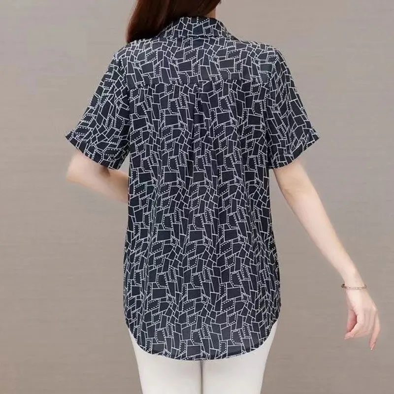 Female Clothing Casual Geometric Spliced Printed Blouse Summer Commute Turn-down Collar Short Sleeve Stylish Button Loose Shirt