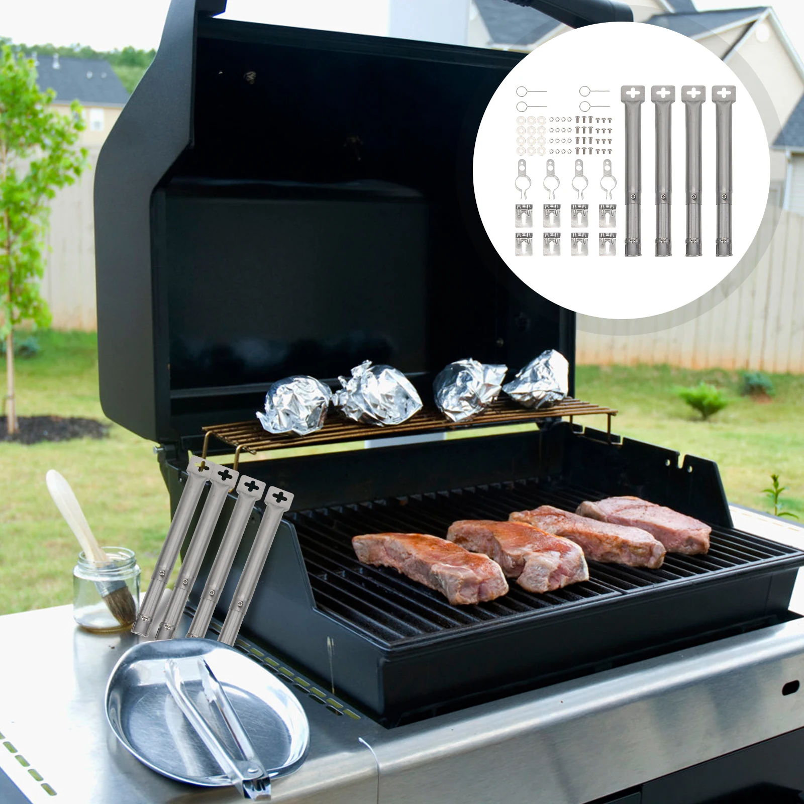 

4 Pieces Stainless Steel Gas Grill Burner Tube Replacement Parts for Outdoor BBQ Supplies channels evenly heated