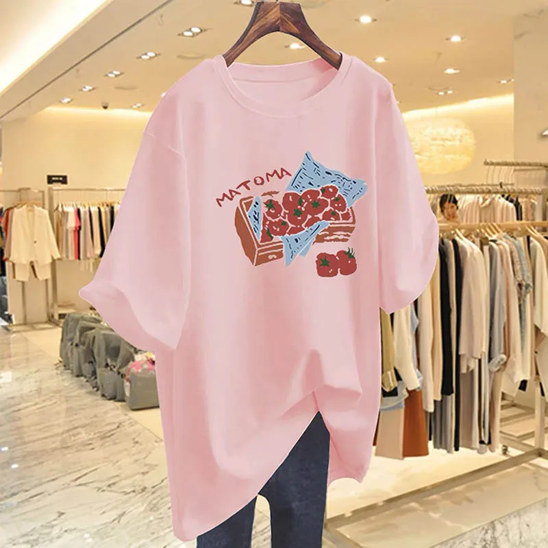 Verano 2025, nueva moda, camisetas con estampado de tomate pintadas a mano, ropa de mujer, Top informal holgado de algodón puro, camisetas elegantes de manga corta