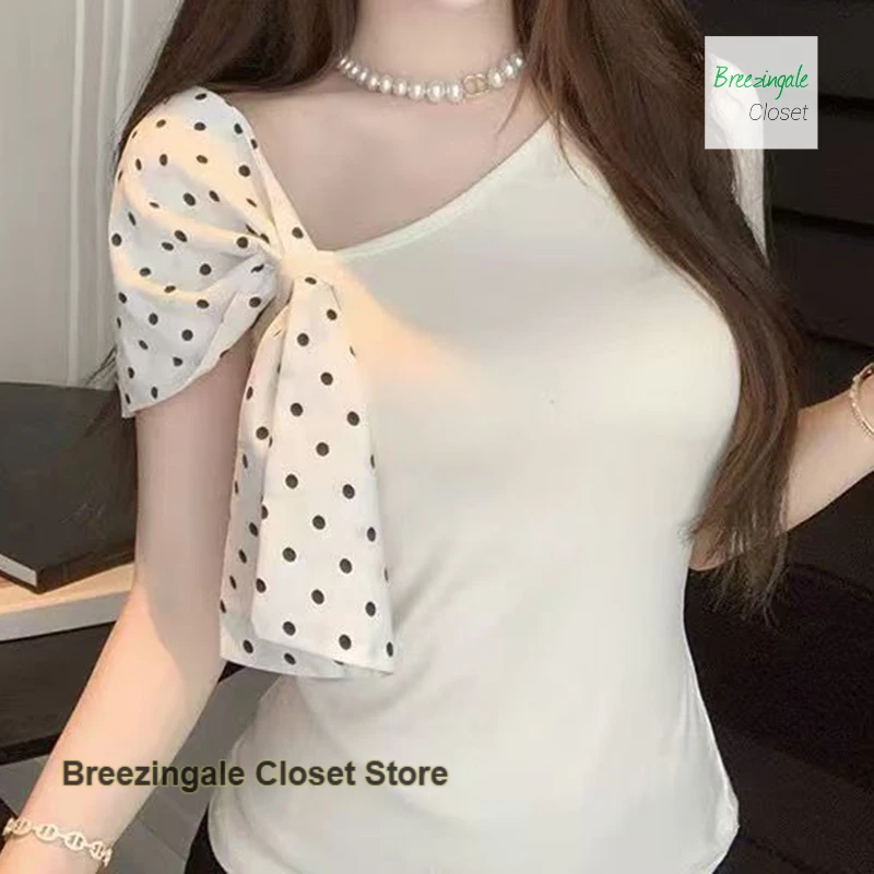 

French bow polka-dot diagonal shoulder short-sleeved T-shirt female summer new spice girl slim temperament fashion top.