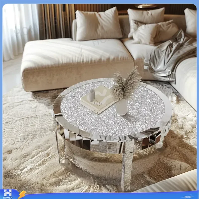 Luxury Silver Round Mirrored Coffee Table Elegant Glass Top Accent Side Table Modern Living Room Bedroom Furniture Home Decor